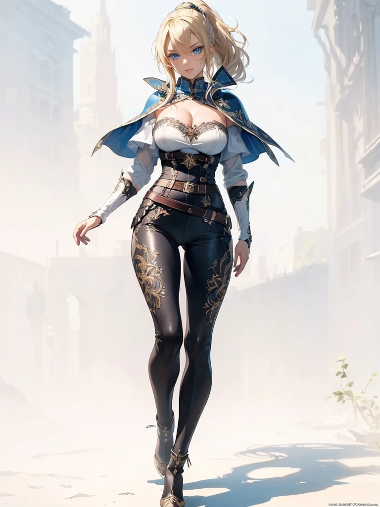 ((1girl, solo)), ((mature female)), full body, standing, cowboy shot, beautiful body, (perfect anatomy, perfect body, perfect hands, perfect legs), nice hands, natural proportions, sexy body, (large breasts:1.3) BREAK
((extremely detailed face)), blue eyes, (beautiful detailed eyes:1.6), (realistic pupils, realistic iris:1), expressive eyes, ((looking at viewer)), (clear eyes:1.3), (hyperrealistic:1.2), (detailed skin texture:1.2), smooth skin, (blonde hair:1.5), bangs, very long hair, ((high ponytail)), (detailed lips:1.2), (attractive lips:1.1), (glossy lips:1.1), smile, perfect face, perfect eyes BREAK
female knight, ((strapless shirt)), (((white shirt))), collarbone, cleavage, ((blue capelet)), (elbow gloves), (((black pants))), (skin tight:1.5), (belt), ((blue tailcoat)), knee-high boots, high heels, thigh gap BREAK
(Outdoors:1.5), day, (city:1.4), (trees:1.4), sky, fantasy setting, medieval BREAK
(masterpiece:1.5), anime-style, top quality, best quality, (beautiful and aesthetic:1.2), (ultra detail:1.5), Ultra-detailed depiction, Ultra-precise depiction, extremely detailed 8k illustration, high resolution, (highly detailed shading:1.2), (realistic lighting:1.4), perfect lighting, vibrant colors, dynamic tones, striking hues, 8k, absurd resolution, perfect shadows, hdr, UHD, ambient lighting, realistic, ultra-realistic, photo realistic, highly detailed, rich detail, luminous colors, fine texture, intricate design, professional illustration, (soft light:1.2), (illustration:0.7)