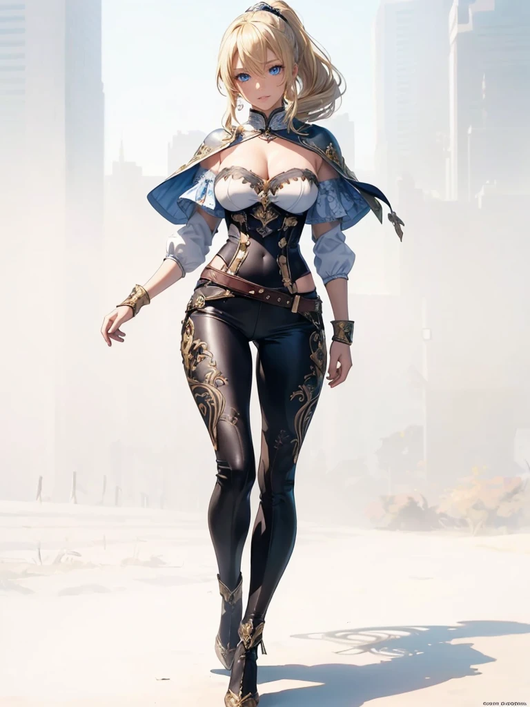 ((1girl, solo)), ((mature female)), full body, standing, cowboy shot, beautiful body, (perfect anatomy, perfect body, perfect hands, perfect legs), nice hands, natural proportions, sexy body, (large breasts:1.3) BREAK
((extremely detailed face)), blue eyes, (beautiful detailed eyes:1.6), (realistic pupils, realistic iris:1), expressive eyes, ((looking at viewer)), (clear eyes:1.3), (hyperrealistic:1.2), (detailed skin texture:1.2), smooth skin, (blonde hair:1.5), bangs, very long hair, ((high ponytail)), (detailed lips:1.2), (attractive lips:1.1), (glossy lips:1.1), smile, perfect face, perfect eyes BREAK
female knight, ((strapless shirt)), (((white shirt))), collarbone, cleavage, ((blue capelet)), (elbow gloves), (((black pants))), (skin tight:1.5), (belt), ((blue tailcoat)), knee-high boots, high heels, thigh gap BREAK
(Outdoors:1.5), day, (city:1.4), (trees:1.4), sky, fantasy setting, medieval BREAK
(masterpiece:1.5), anime-style, top quality, best quality, (beautiful and aesthetic:1.2), (ultra detail:1.5), Ultra-detailed depiction, Ultra-precise depiction, extremely detailed 8k illustration, high resolution, (highly detailed shading:1.2), (realistic lighting:1.4), perfect lighting, vibrant colors, dynamic tones, striking hues, 8k, absurd resolution, perfect shadows, hdr, UHD, ambient lighting, realistic, ultra-realistic, photo realistic, highly detailed, rich detail, luminous colors, fine texture, intricate design, professional illustration, (soft light:1.2), (illustration:0.7)