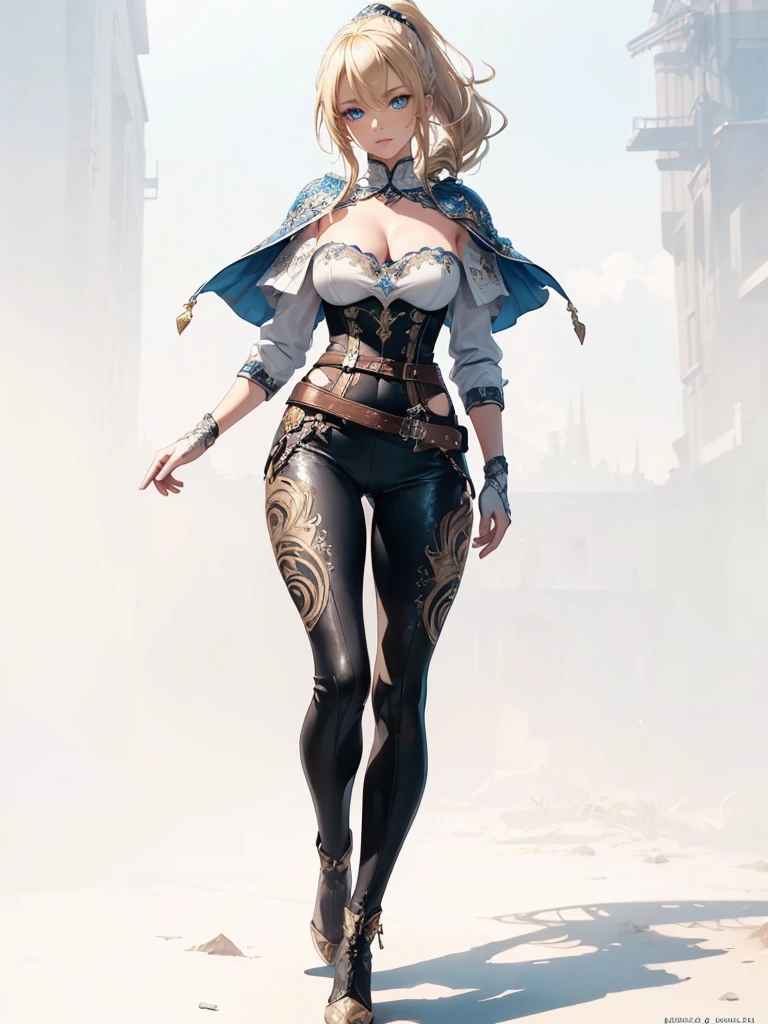 ((1girl, solo)), ((mature female)), full body, standing, cowboy shot, beautiful body, (perfect anatomy, perfect body, perfect hands, perfect legs), nice hands, natural proportions, sexy body, (large breasts:1.3) BREAK
((extremely detailed face)), blue eyes, (beautiful detailed eyes:1.6), (realistic pupils, realistic iris:1), expressive eyes, ((looking at viewer)), (clear eyes:1.3), (hyperrealistic:1.2), (detailed skin texture:1.2), smooth skin, (blonde hair:1.5), bangs, very long hair, ((high ponytail)), (detailed lips:1.2), (attractive lips:1.1), (glossy lips:1.1), smile, perfect face, perfect eyes BREAK
female knight, ((strapless shirt)), (((white shirt))), collarbone, cleavage, ((blue capelet)), (elbow gloves), (((black pants))), (skin tight:1.5), (belt), ((blue tailcoat)), knee-high boots, high heels, thigh gap BREAK
(Outdoors:1.5), day, (city:1.4), (trees:1.4), sky, fantasy setting, medieval BREAK
(masterpiece:1.5), anime-style, top quality, best quality, (beautiful and aesthetic:1.2), (ultra detail:1.5), Ultra-detailed depiction, Ultra-precise depiction, extremely detailed 8k illustration, high resolution, (highly detailed shading:1.2), (realistic lighting:1.4), perfect lighting, vibrant colors, dynamic tones, striking hues, 8k, absurd resolution, perfect shadows, hdr, UHD, ambient lighting, realistic, ultra-realistic, photo realistic, highly detailed, rich detail, luminous colors, fine texture, intricate design, professional illustration, (soft light:1.2), (illustration:0.7)