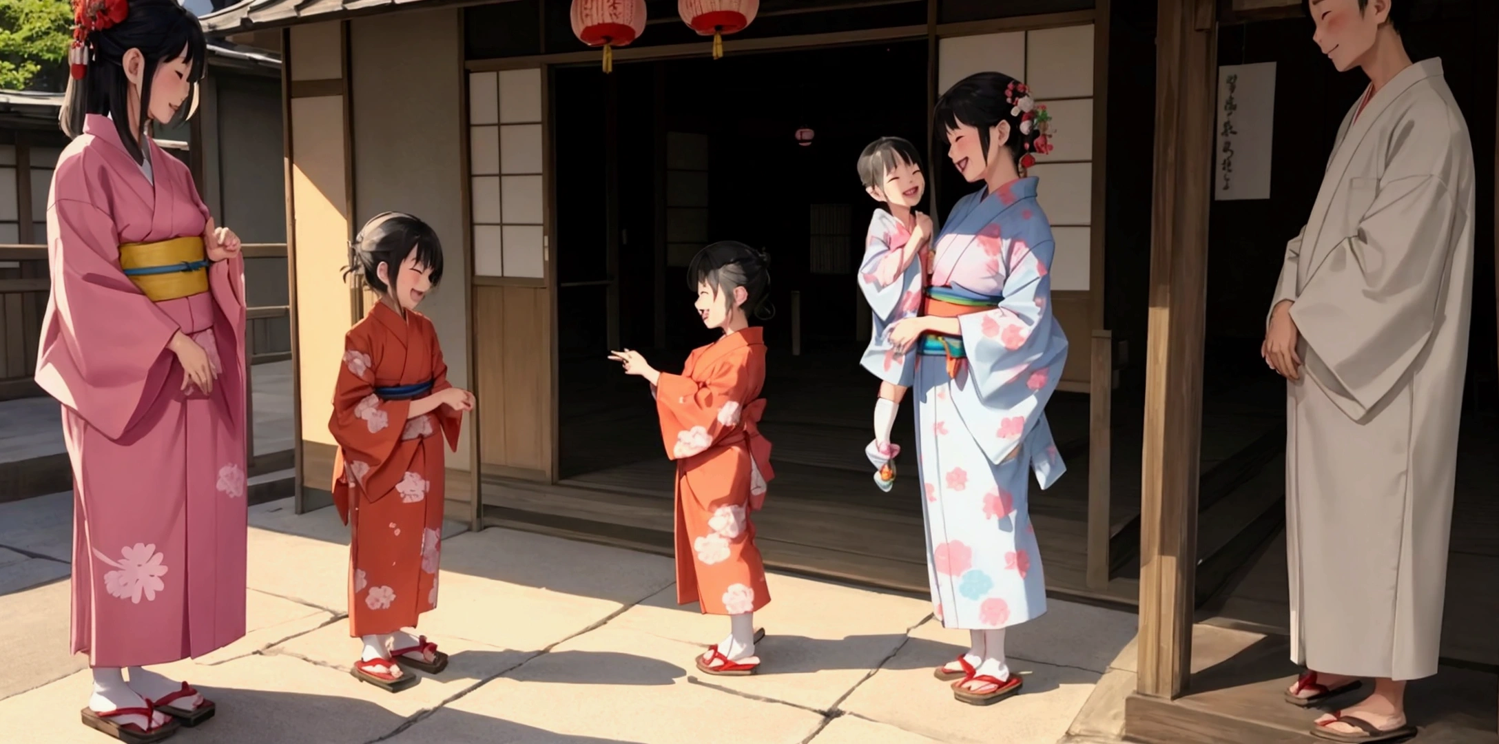 Japan、A large group of human children standing in front of Jizo、Laughing kids、Wearing a yukata