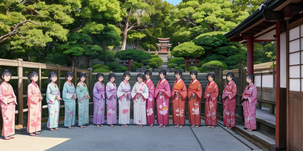 Japan、A large group of human children standing in front of Jizo、Laughing kids、Wearing a yukata