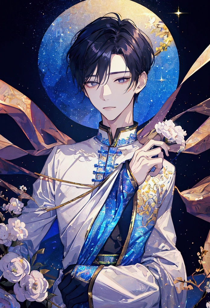 A photo of the upper body with a simple background、High quality glitter filter、A man with a slim figure and good looks、The illustration style is reminiscent of a virtual live streamer