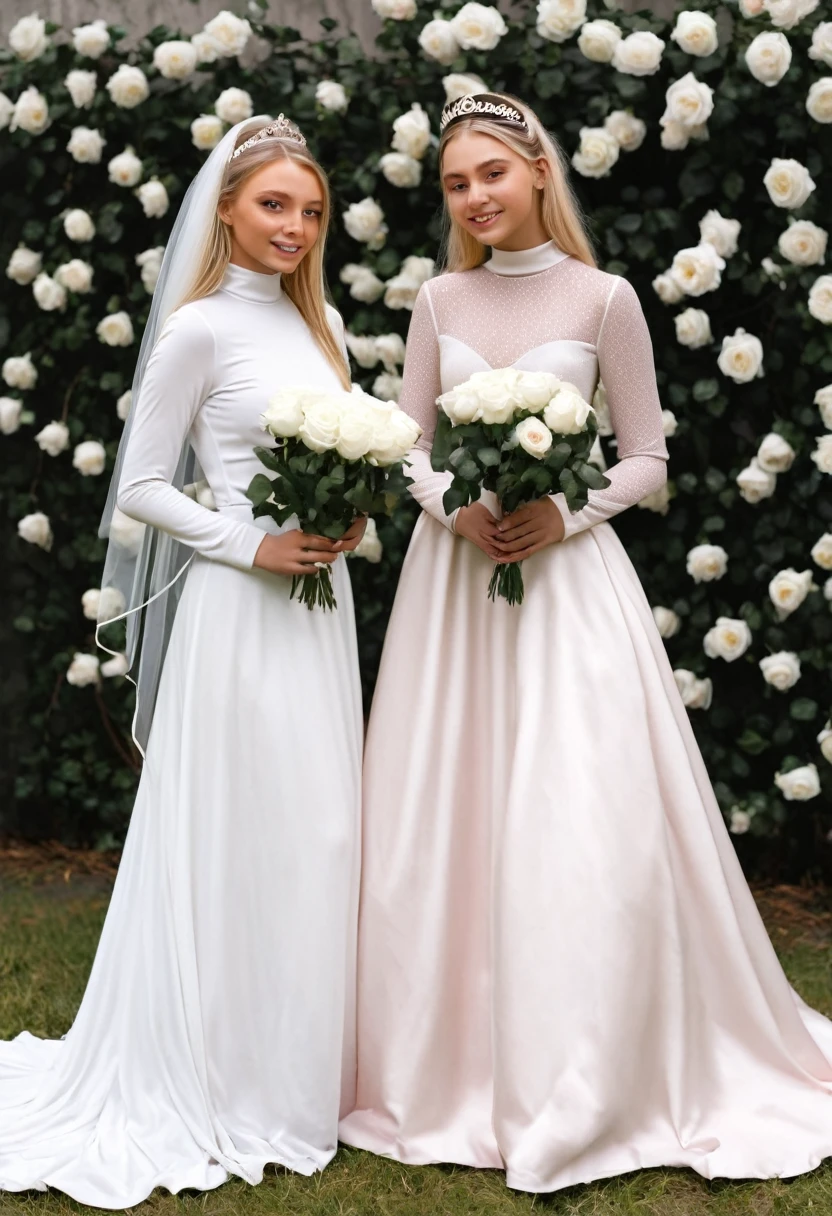 a hyper realistic photo of two girl friends. The person with blonde hair should be wearing a long sleeve, high neckline, white, ball style, bridal gown and a tiara and white veil. She should be holding a bouquet of white roses. The person with brown hair should be wearing a light pink, long, long sleeve high neckline dress. They should be standing in front of a wall of white flowers. They should be posed with one arm around the other persons shoulder., photo