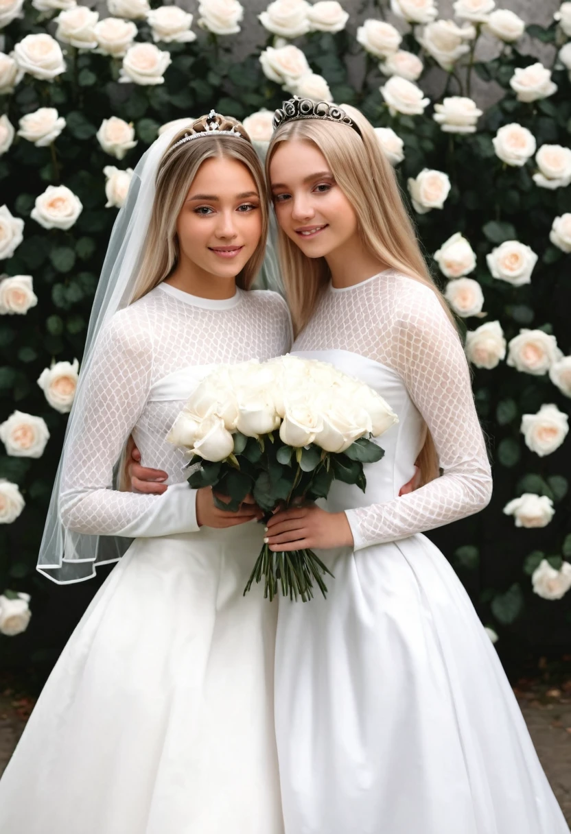 a hyper realistic photo of two girl friends. The person with blonde hair should be wearing a long sleeve, high neckline, white, ball style, bridal gown and a tiara and white veil. She should be holding a bouquet of white roses. The person with brown hair should be wearing a light pink, long, long sleeve high neckline dress. They should be standing in front of a wall of white flowers. They should be posed with one arm around the other persons shoulder., photo