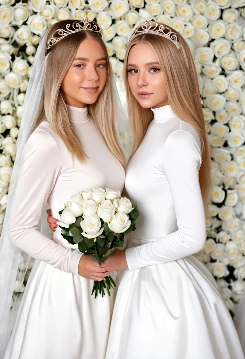 a hyper realistic photo of two girl friends. The person with blonde hair should be wearing a long sleeve, high neckline, white, ball style, bridal gown and a tiara and white veil. She should be holding a bouquet of white roses. The person with brown hair should be wearing a light pink, long, long sleeve high neckline dress. They should be standing in front of a wall of white flowers. They should be posed with one arm around the other persons shoulder., photo