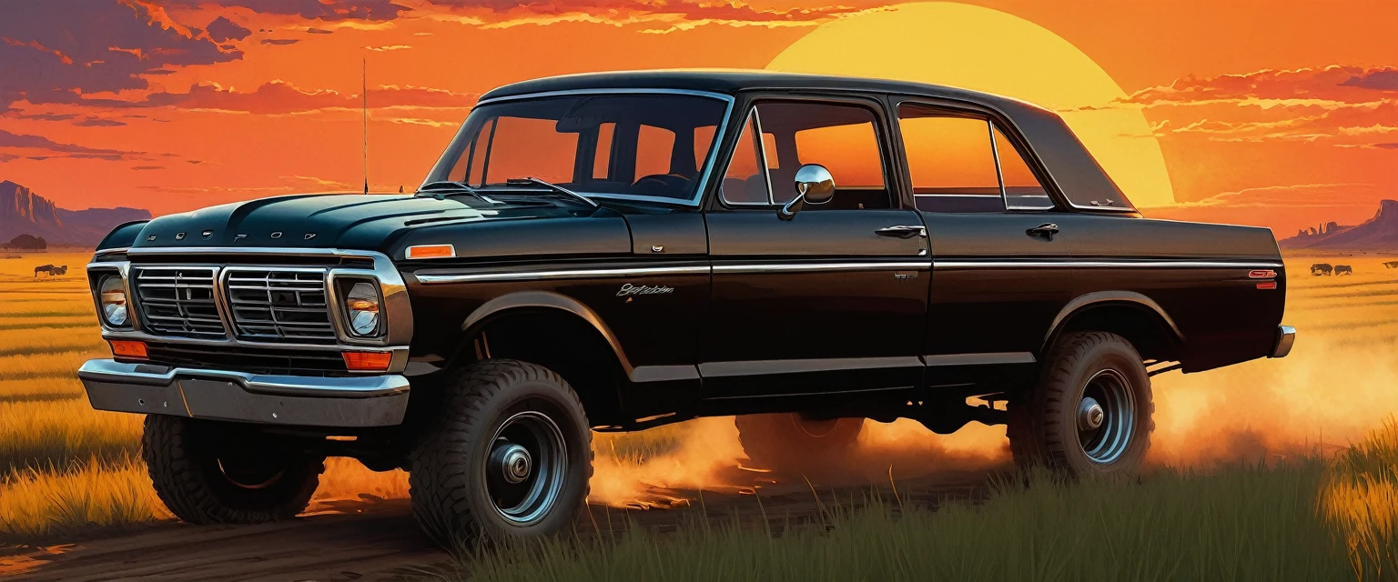 stylized digital art featuring a black Ford T driving down a dusty dirt road through a field during sunset. The sky is painted in warm shades of orange, yellow and red, with the sun low on the horizon. The car is portrayed from the corner, with its shiny black bodywork. Its wheels are classic, with a white stripe, rubberized tire and shiny metal rim that reflects the light of the setting sun. The car's headlights are on. The field is filled with tall grass that sways in the wind. The grass is represented in shades of green and brown, with some lighter areas, which could be an artistic choice to emphasize the intensity of the scene. The overall art style is reminiscent of comic book art, with bold lines and a limited color palette that enhance the dramatic effect of the scene. Art by Dechko Uzunov, highly detailed vector art, Red Dead Redemption art style, at sunset, comic book art, digital Ford T, Martin Ansin, by Evan Charlton, sunset!, by Eddie Mendoza, sunset illustration sun, featured art, digital colorful illustration, (masterpiece), best quality