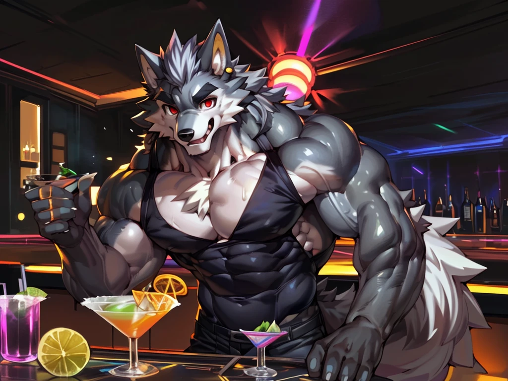 bartender making a drink at a bar , bartending, ((trending on E621, trending on Furaffinity digital media, trending on Artstation, trending on twitter , digital painting, digital media, digital paint, digital illustration, (((masterpiece))) BREAK ((by vorusuarts, by kuroma, by nullghost, by raccoon21,by rabbity,by booboo)) , BREAK ((((((anthro, anthrofield, wolf)))))) | break | handsomeface,((((((elderlyface)))))), age_up_face , (((wildface)))))))), ((((((((charming)))))))) BREAK (((((hypermuscle:1.4)))))))), (((detailed eyes,red_eyes:1.8))) | (((gray fur | finger claw | )))) | (((((((( gray hair | black eyebrow | short hair | black goatee hair | spiky_black_Ear_piercing))))))))) | BREAK (((((thick eyebrows))))) | BREAK (best quality | 8k | hi-res)) BREAK (((perfect face))) , BREAK ((((((cocktail_shaker)))))),((((((cocktail_shaking)))))),((((((nightclub_background)))) | BREAK ((Solo:1.8))