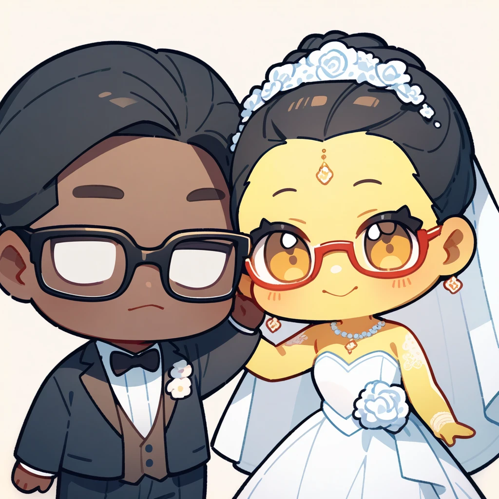 chibi style,Lovely,masterpiece, best quality, 8k, Couple(One man and one woman),man(Brown skin,Indian)Suit,woman(Black Hair,Yellow skin,wear glasses)Wedding dress,Clean background