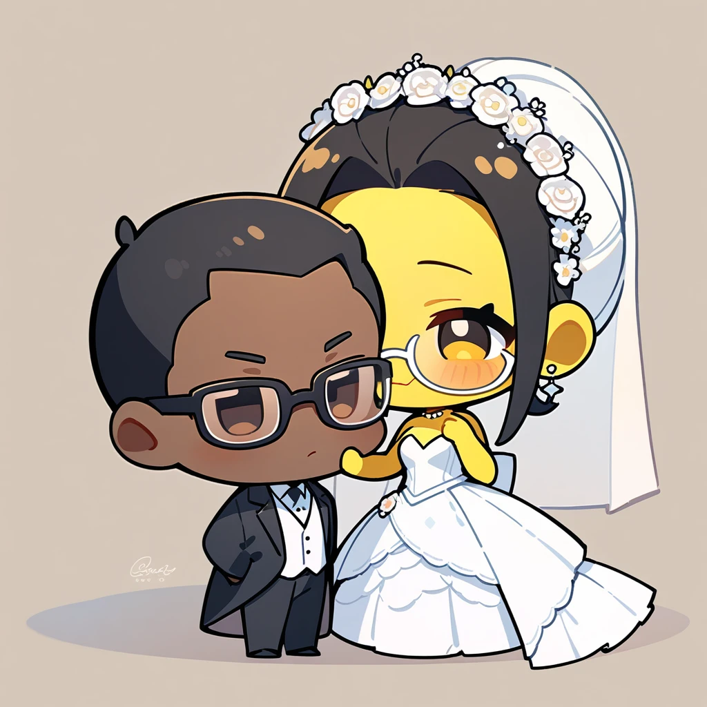 chibi style,Lovely,masterpiece, best quality, 8k, Couple(One man and one woman),man(Brown skin,Indian)Suit,woman(Black Hair,Yellow skin,wear glasses)Wedding dress,Clean background