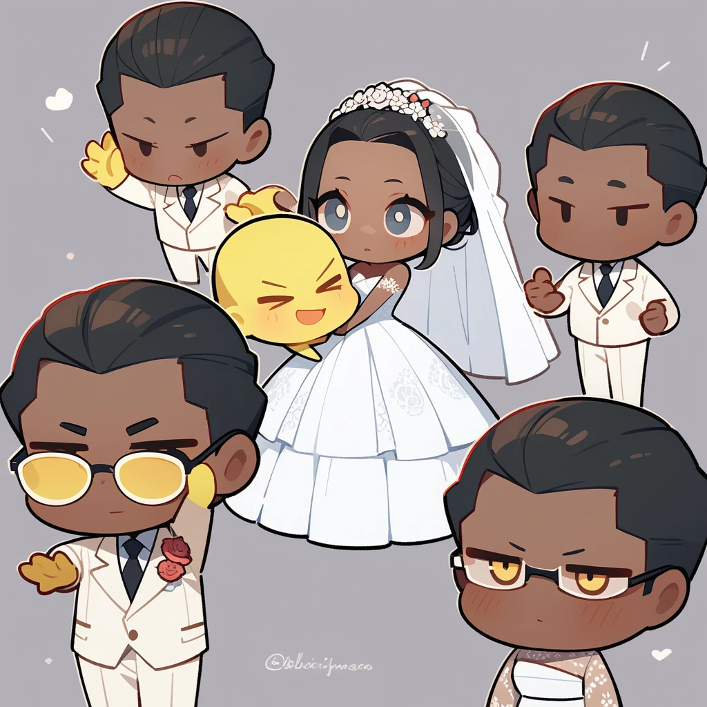 chibi style，Lovely，masterpiece, best quality, 8k, Couple（One man and one woman），man（Brown skin，Indian）Suit，woman（Black Hair，Yellow skin，wear glasses）Wedding dress，Clean background
