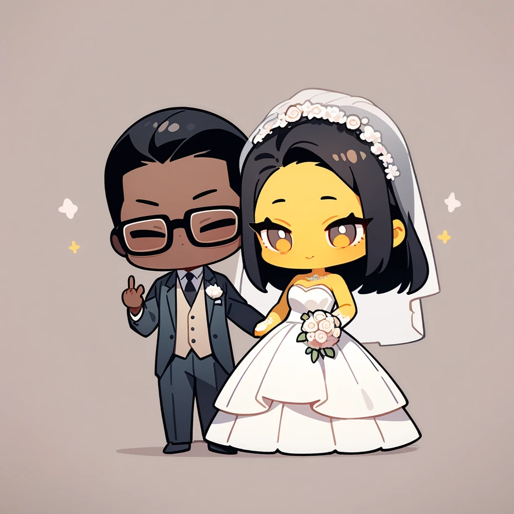 chibi style,Lovely,masterpiece, best quality, 8k, Couple(One man and one woman),man(Brown skin,Indian)Suit,woman(Black Hair,Yellow skin,wear glasses)Wedding dress,Clean background
