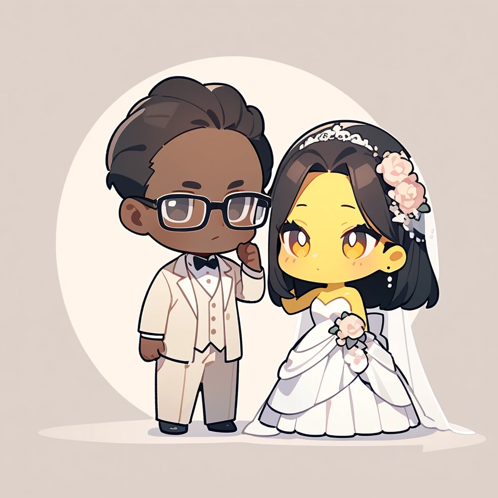 chibi style,Lovely,masterpiece, best quality, 8k, Couple(One man and one woman),man(Brown skin,Indian)Suit,woman(Black Hair,Yellow skin,wear glasses)Wedding dress,Clean background