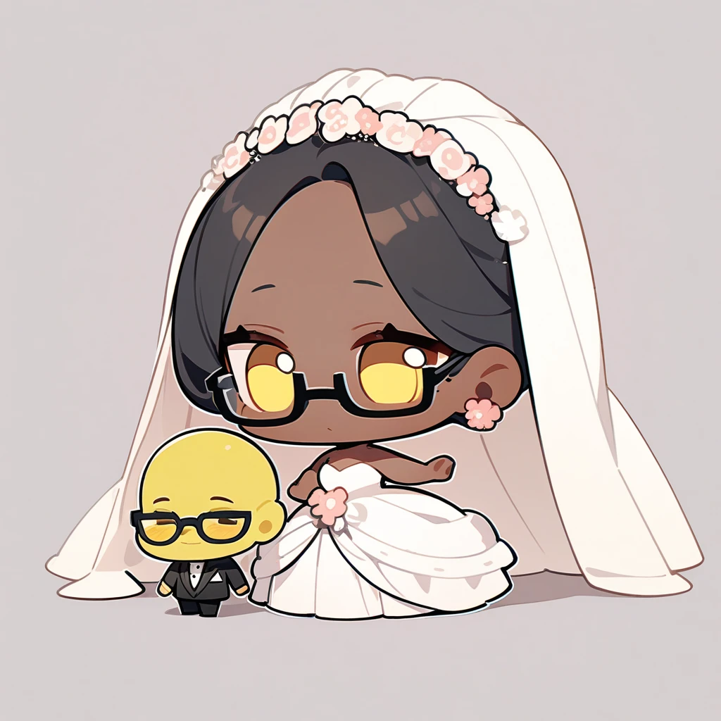 chibi style,Lovely,masterpiece, best quality, 8k, Couple(One man and one woman),man(Brown skin,Indian)Suit,woman(Black Hair,Yellow skin,wear glasses)Wedding dress,Clean background