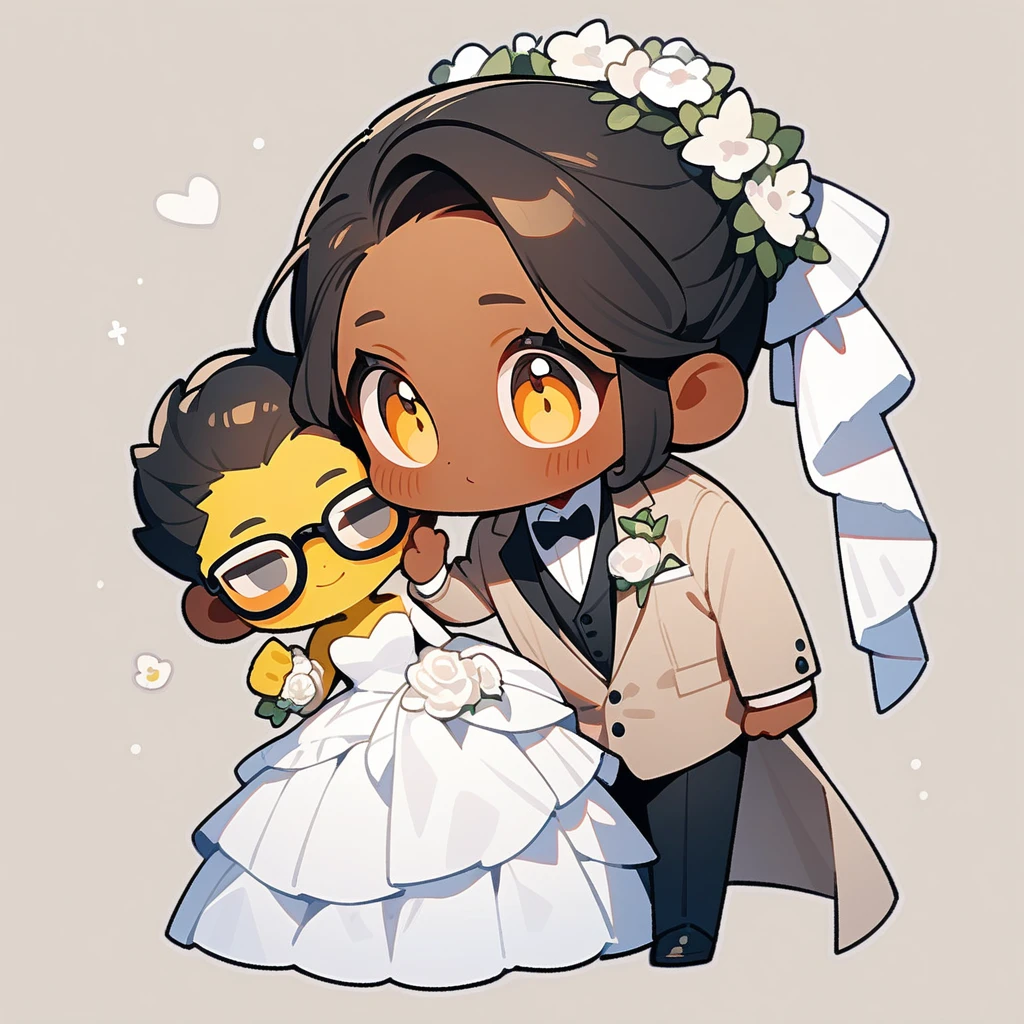 chibi style,Lovely,masterpiece, best quality, 8k, Couple(One man and one woman),man(Brown skin,Indian)Suit,woman(Black Hair,Yellow skin,wear glasses)Wedding dress,Clean background