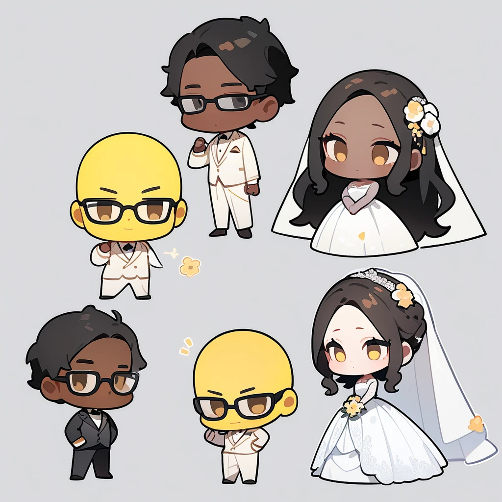 chibi style，Lovely，masterpiece, best quality, 8k, Couple（One man and one woman），man（Brown skin，Indian）Suit，woman（Black Hair，Yellow skin，wear glasses）Wedding dress，Clean background