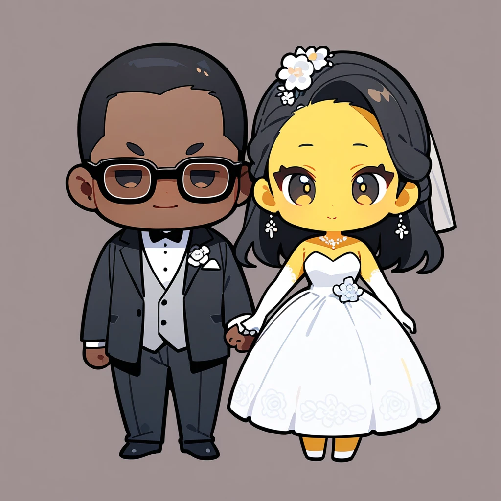 chibi style，Lovely，masterpiece, best quality, 8k, Couple（One man and one woman），man（Brown skin，Indian）Suit，woman（Black Hair，Yellow skin，wear glasses）Wedding dress，Clean background