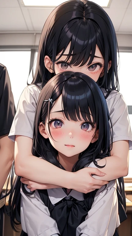((I'm hugging2People Girls))),Kissing、((Black Hair、Shortcuts)、classroom、gym、Uplifting、((Japanese、high school girl))、Sweat、飛び散るSweat、Wet、Super Jump、【【Jumping pretty high】】、Angle from below、uniform、かなりHigh jumps、Angle from directly below、High jumps、(Panty shot、はだけるuniform)、Wetいる、water、2People GirlsがKissing、high school girl二人、((Highest quality)), ((masterpiece)), (detailed)、cute、Naughty