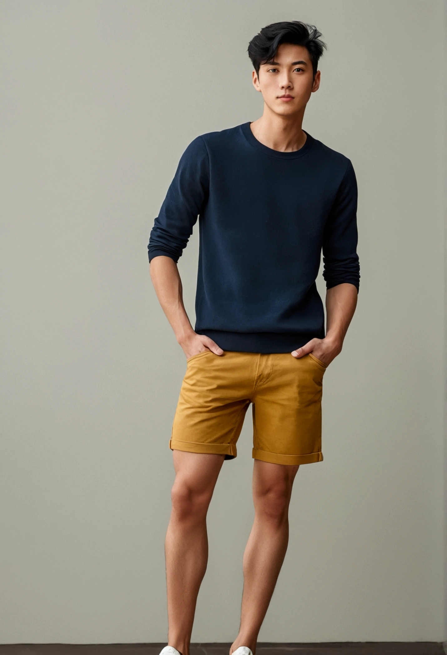 One guy, standing, wearing short, big legs, handsome and young, skinny , black hair