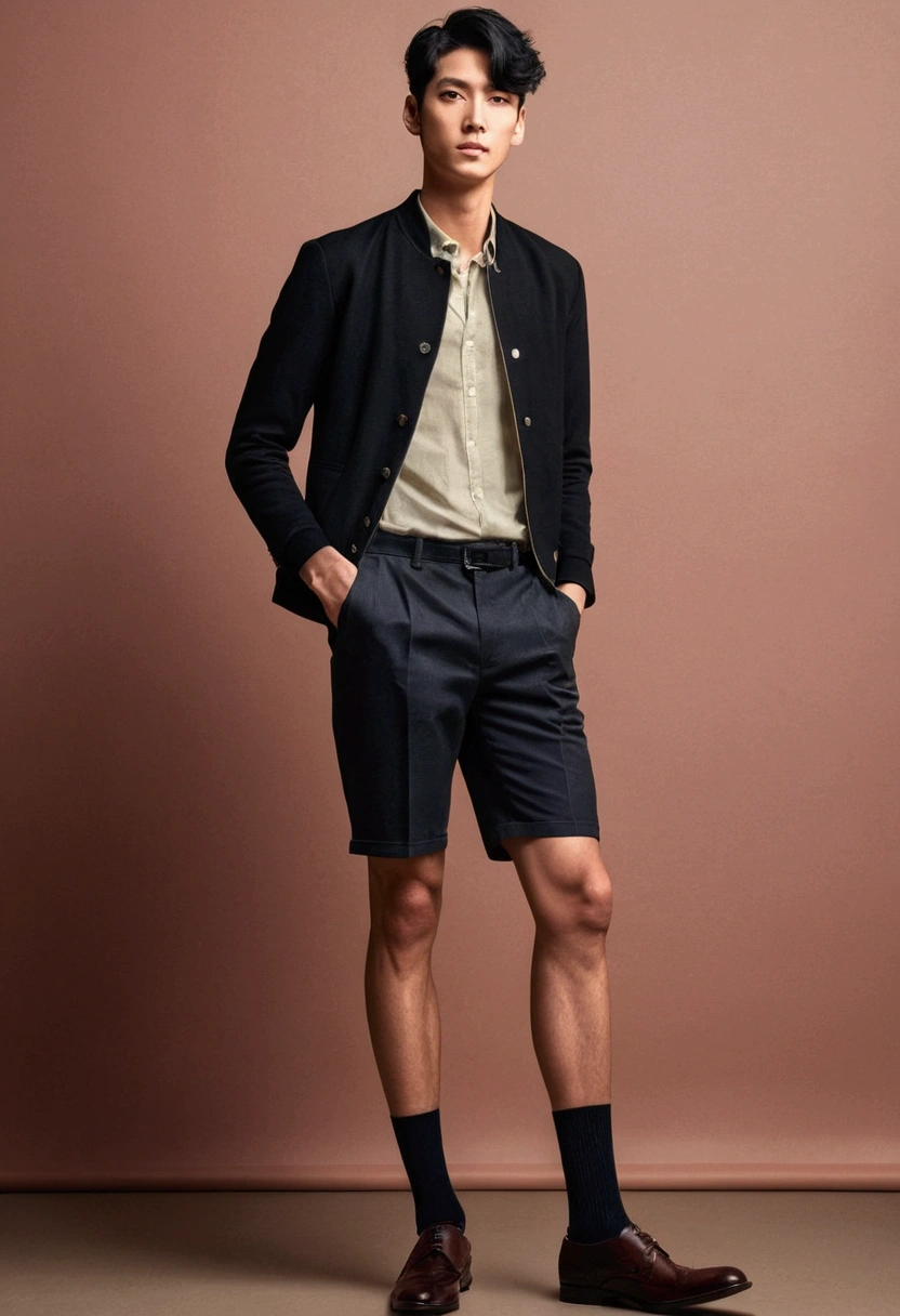 One guy, standing, wearing short, big legs, handsome and young, skinny , black hair