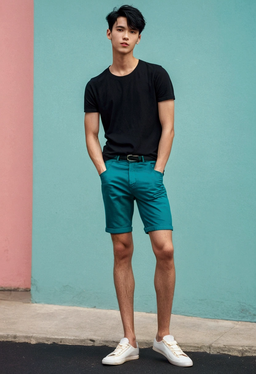 One guy, standing, wearing short, big legs, handsome and young, skinny , black hair
