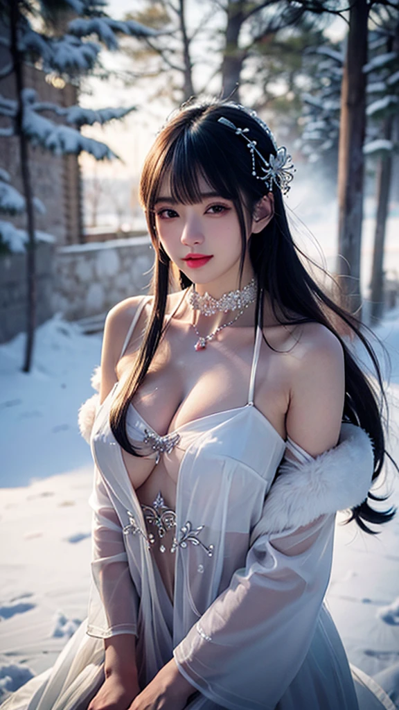 best qualityer，8K， tmasterpiece， A high resolution， 1girll， Clear silk porcelain dress， Fur coat， hair adornments， ssmile， Keep one's mouth shut， cparted lips，Large breasts，Shoulder， shift dresses， hair adornments， choker necklace， jewely， Chinese outfit， long whitr hair， 耳Nipple Ring， Detailed beautiful eyes， detailed eyelashes， beautiful  face，after sexing_Body， Tyndall effect，realisticlying， edge lit， twotonelighting，（highdetailskin：1.2）， 8K, Ultra HD， digital SLR camera， gentle illumination， high high quality， Volumetriclighting， Frankness， photore， A high resolution， Bokeh， at a forest， Falling snow， Winters， in the afternoon