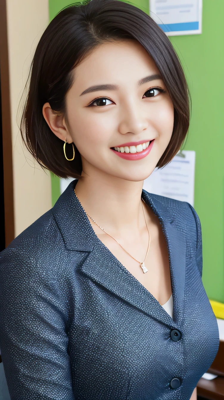 Highest quality:1.2), RAW Photos, High resolution, Very detailed, Intricate details, Short Haircut、、、ear piercing、smile、Beautiful teeth alignment、Black Hair(Front view, ), Clear beauty,(High quality fabric, Office Lady Suits ）、Necklace around the neck、, The background is the office