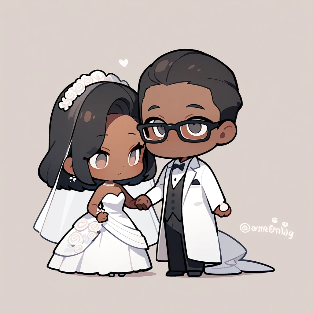 chibi style，Lovely，masterpiece, best quality, 8k, Couple（One man and one woman），man（Brown skin，Indian）Suit，woman（Black Hair，wear glasses）Wedding dress，Clean background
