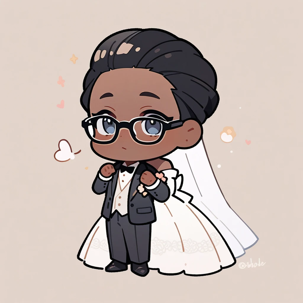 chibi style,Lovely,masterpiece, best quality, 8k, Couple(One man and one woman),man(Brown skin,Indian)Suit,woman(Black Hair,wear glasses)Wedding dress,Clean background