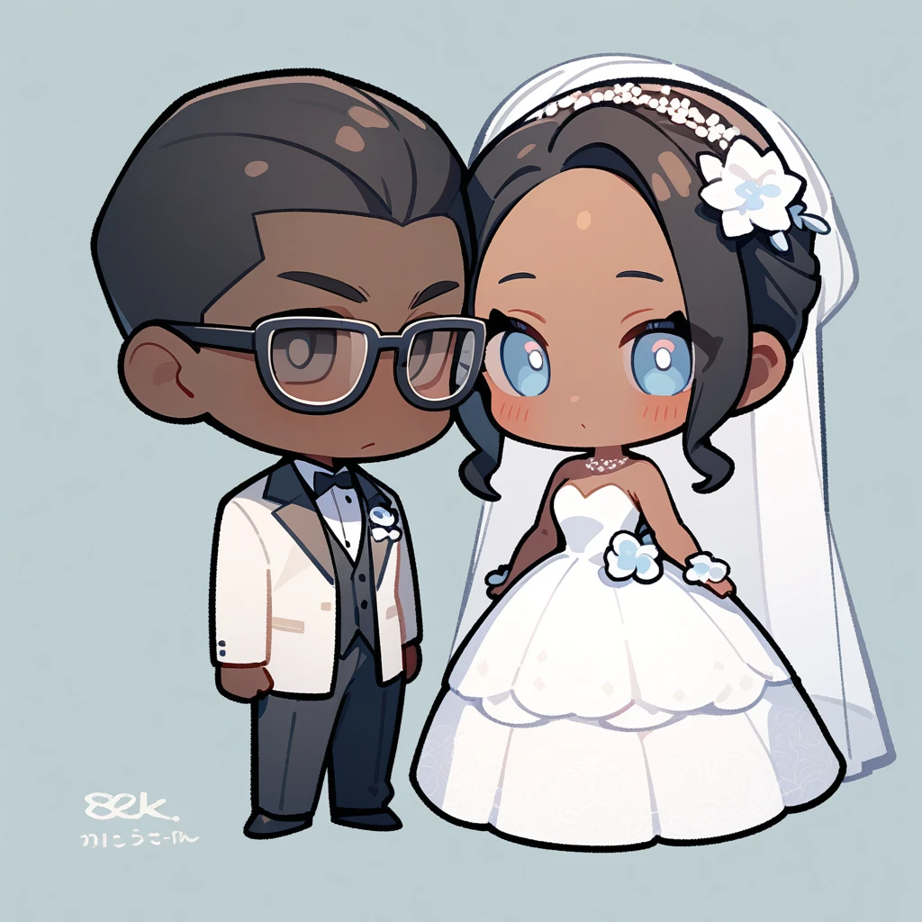 chibi style,Lovely,masterpiece, best quality, 8k, Couple(One man and one woman),man(Brown skin,Indian)Suit,woman(Black Hair,wear glasses)Wedding dress,Clean background