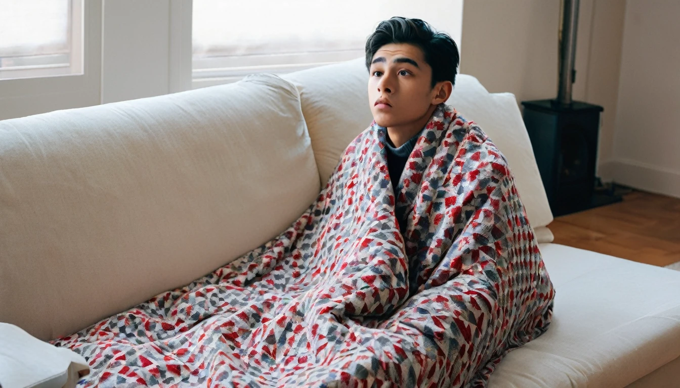 A 20-year-old boy,wrapped in a quilt,sat on the sofa in the living room,facing the camera,with a painful expression,cold and cold.Full-body photo,Expression of pain