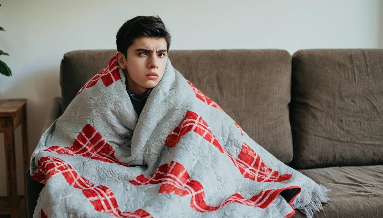A 20-year-old boy,wrapped in a quilt,sat on the sofa in the living room,facing the camera,with a painful expression,cold and cold.Full-body photo，Expression of pain