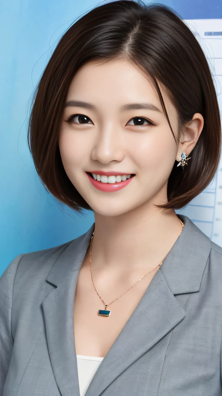 Highest quality:1.2), RAW Photos, High resolution, Very detailed, Intricate details, Short Haircut、、、ear piercing、smile、Beautiful teeth alignment、Black Hair(Front view, ), Clear beauty,(High quality fabric, Office Lady Suits ）、Necklace around the neck、, The background is the office