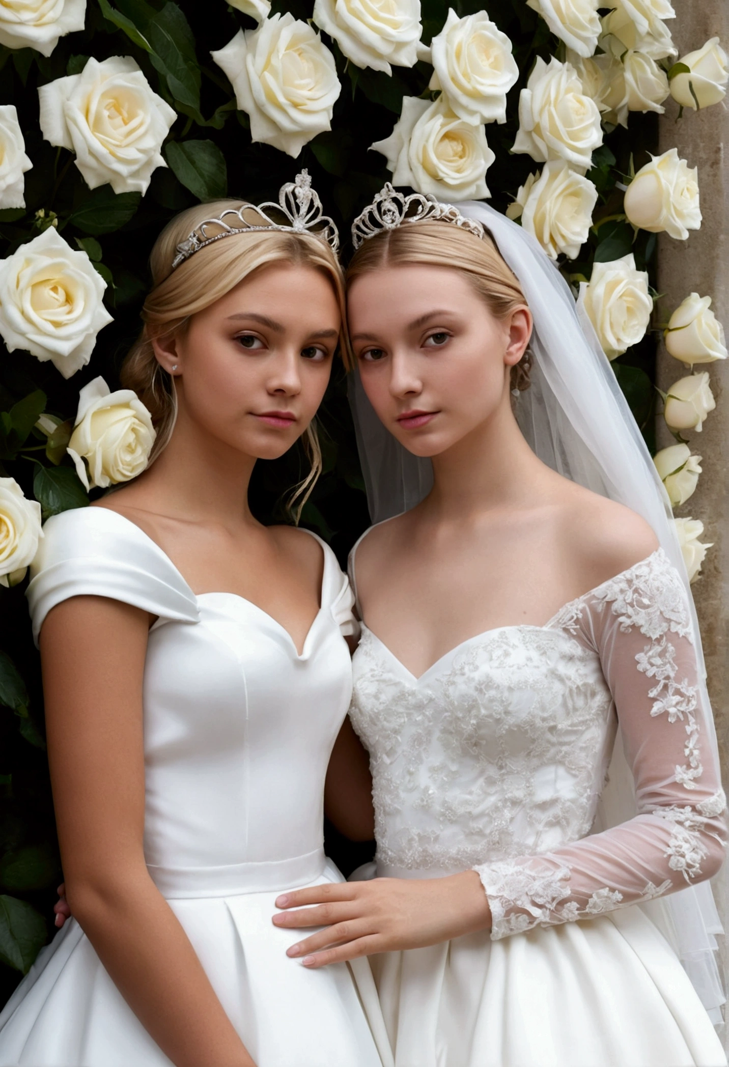 a hyper realistic photo of two girl friends. The person with blonde hair should be wearing a long sleeve, high neckline, white, ball style, bridal gown and a tiara and white veil. She should be holding a bouquet of white roses. The person with brown hair should be wearing a light pink, long, long sleeve high neckline dress. They should be standing in front of a wall of white flowers. They should be posed with one arm around the other persons shoulder., photo