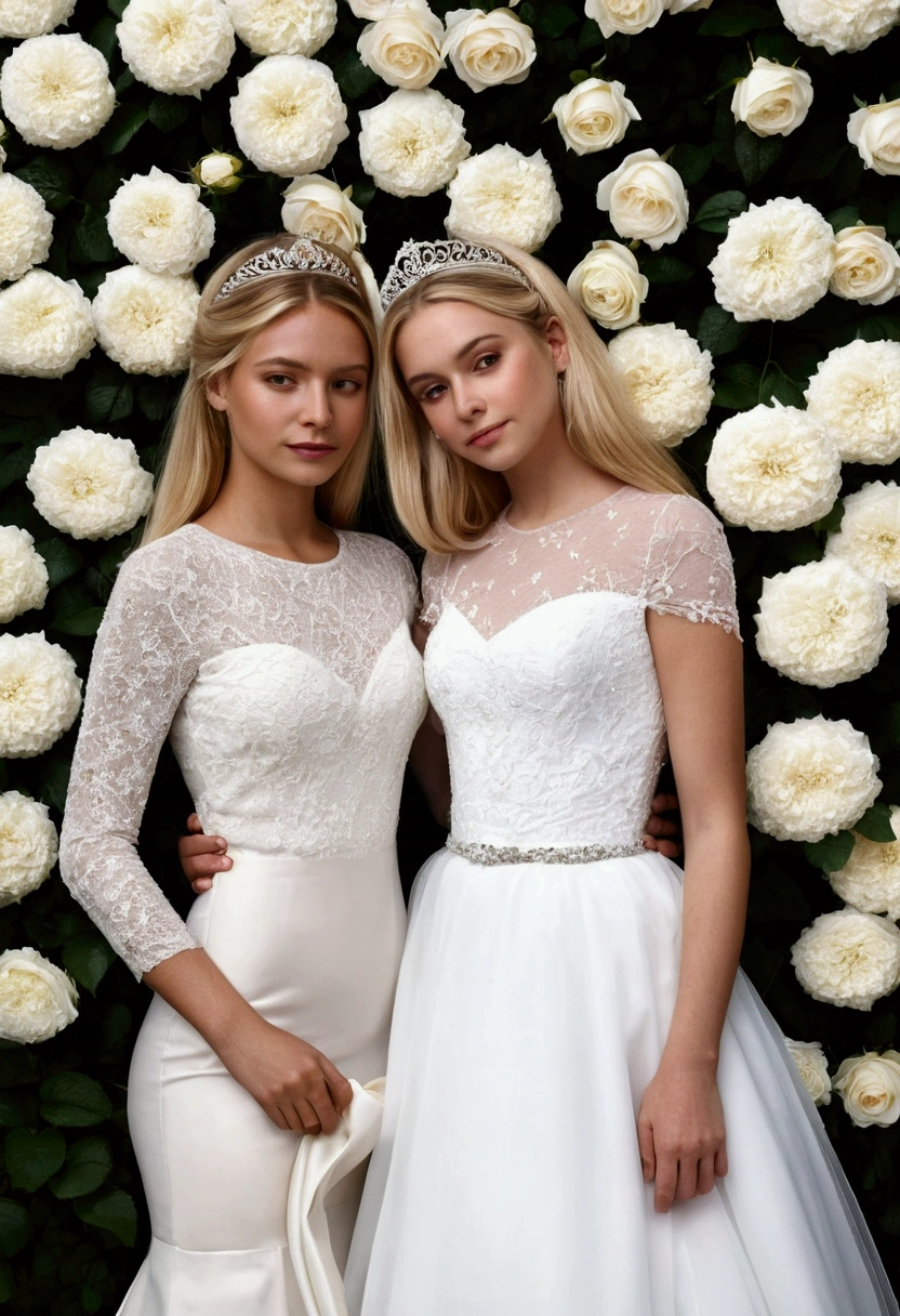 a hyper realistic photo of two girl friends. The person with blonde hair should be wearing a long sleeve, high neckline, white, ball style, bridal gown and a tiara and white veil. She should be holding a bouquet of white roses. The person with brown hair should be wearing a light pink, long, long sleeve high neckline dress. They should be standing in front of a wall of white flowers. They should be posed with one arm around the other persons shoulder., photo