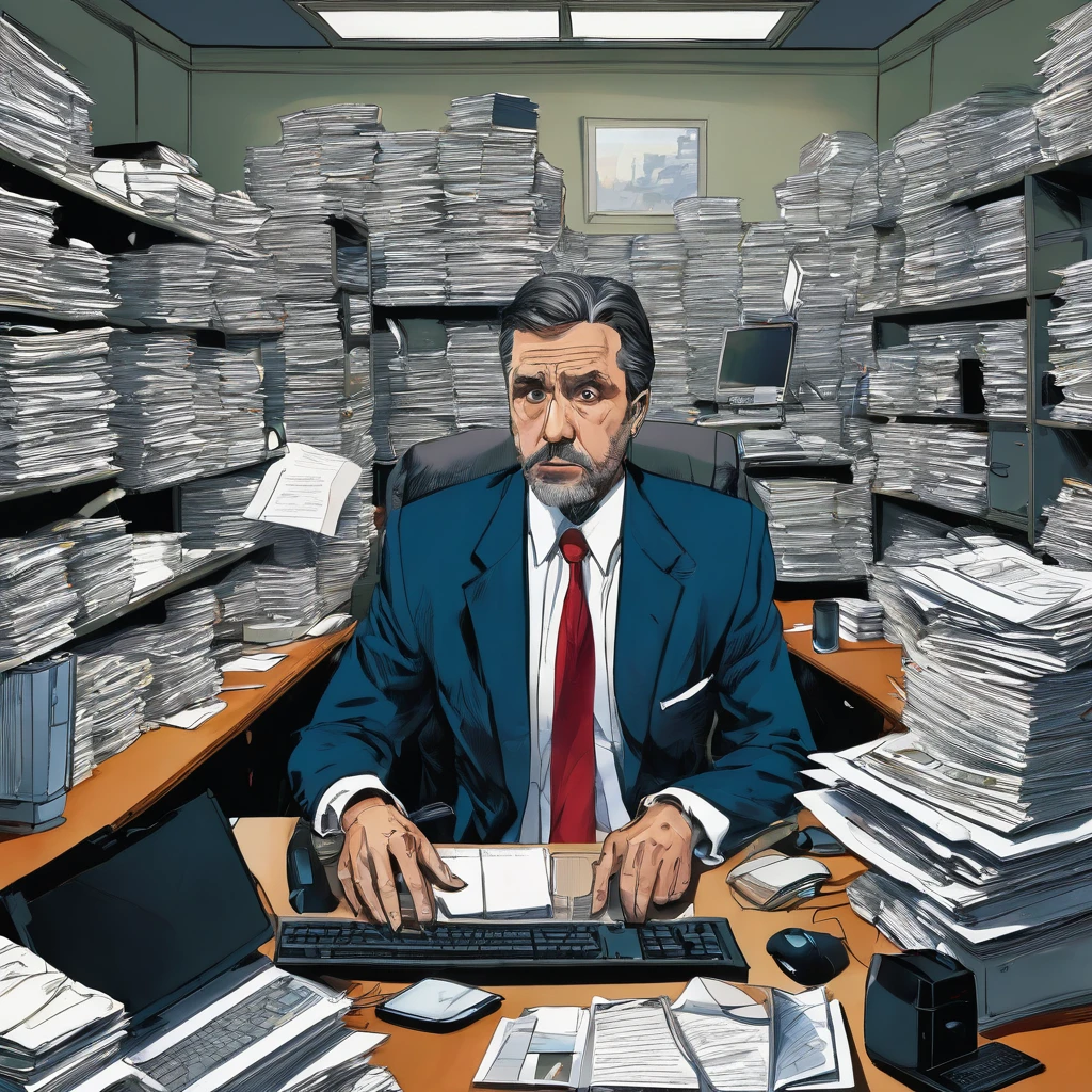 Description of an Image Hiring Lives: Traditional Work vs. Marketing Digital com charachter Masculino
Metade Esquerda (Traditional Work)
fund: A generic corporate office, with cubicles lined up and cool fluorescent lighting.
charachter: a middle aged man, wearing a dark suit and tie. He is sitting at a messy table, surrounded by stacks of paper and an old-fashioned desktop computer.
Facial expression: Visibly tired, with dark circles under his eyes and an expression of frustration, looking at the computer screen.
Additional Elements: A wall clock showing 5:00 PM, indicating the end of a long day of work. ao redor, equally tired coworkers, with some looking at the clock anxiously.
atmosphere: Dark and oppressive, with gray and dark blue colors dominating the scene, symbolizing monotony and lack of freedom.