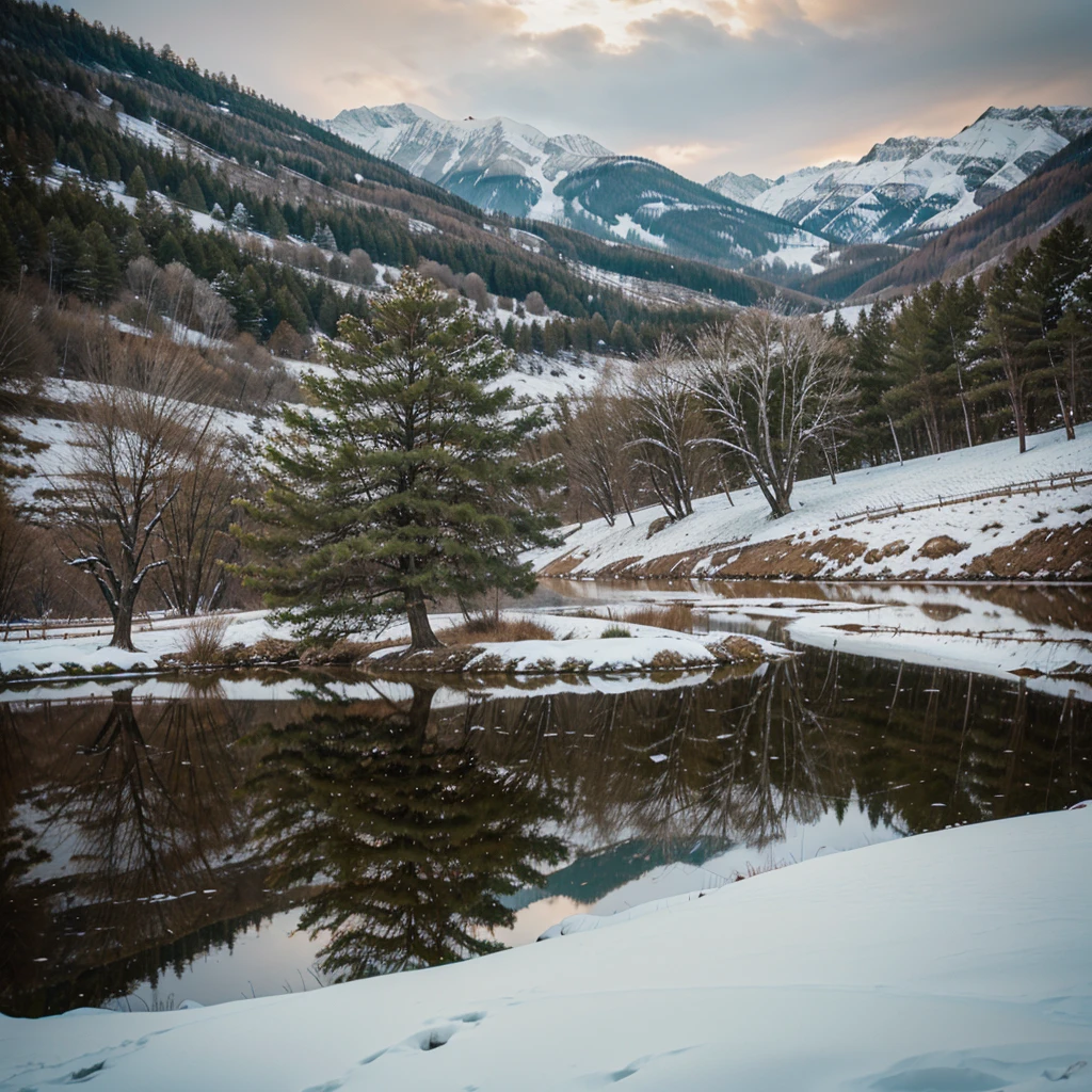 A lone green tree on a snowy hill, reflection