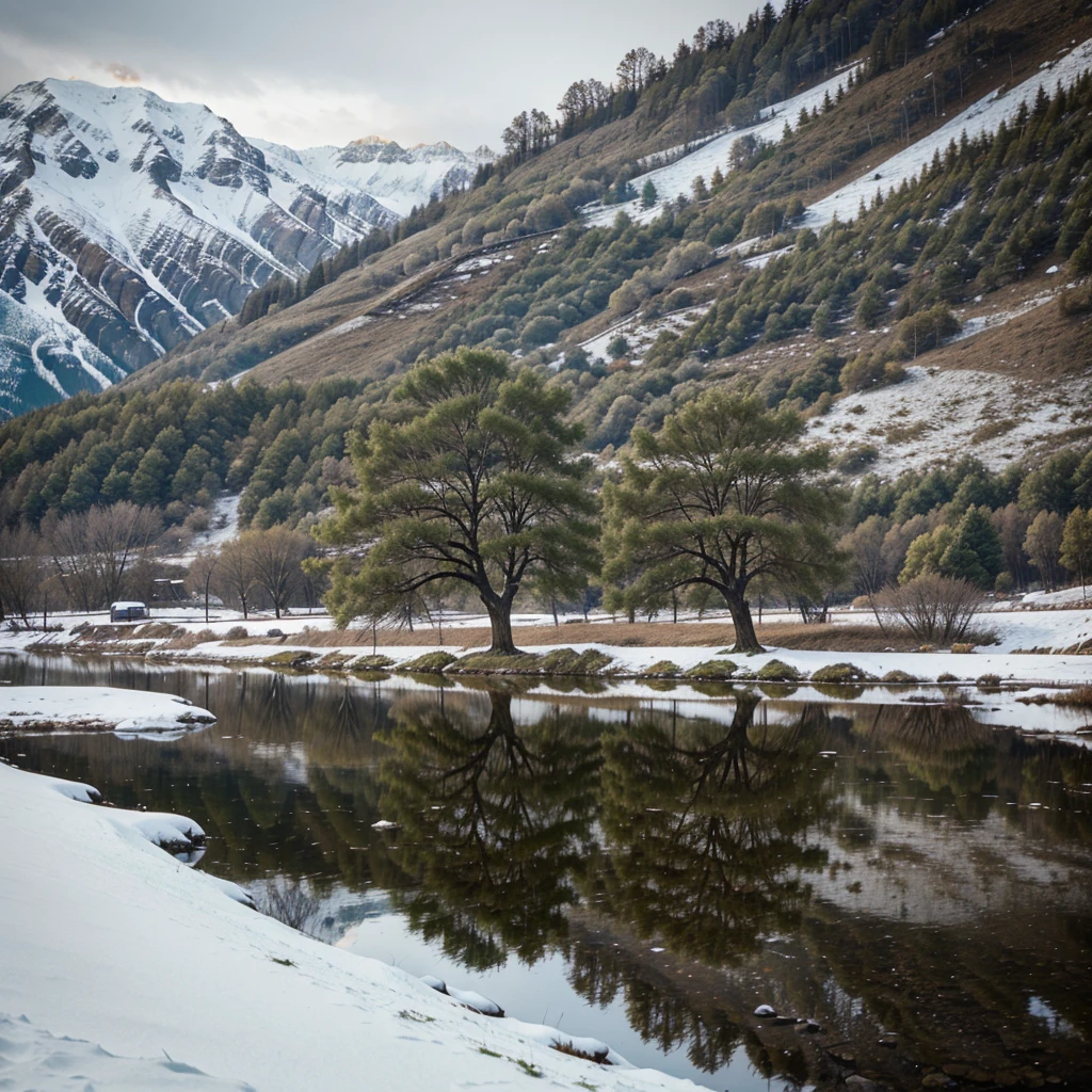 A lone green tree on a snowy hill, reflection