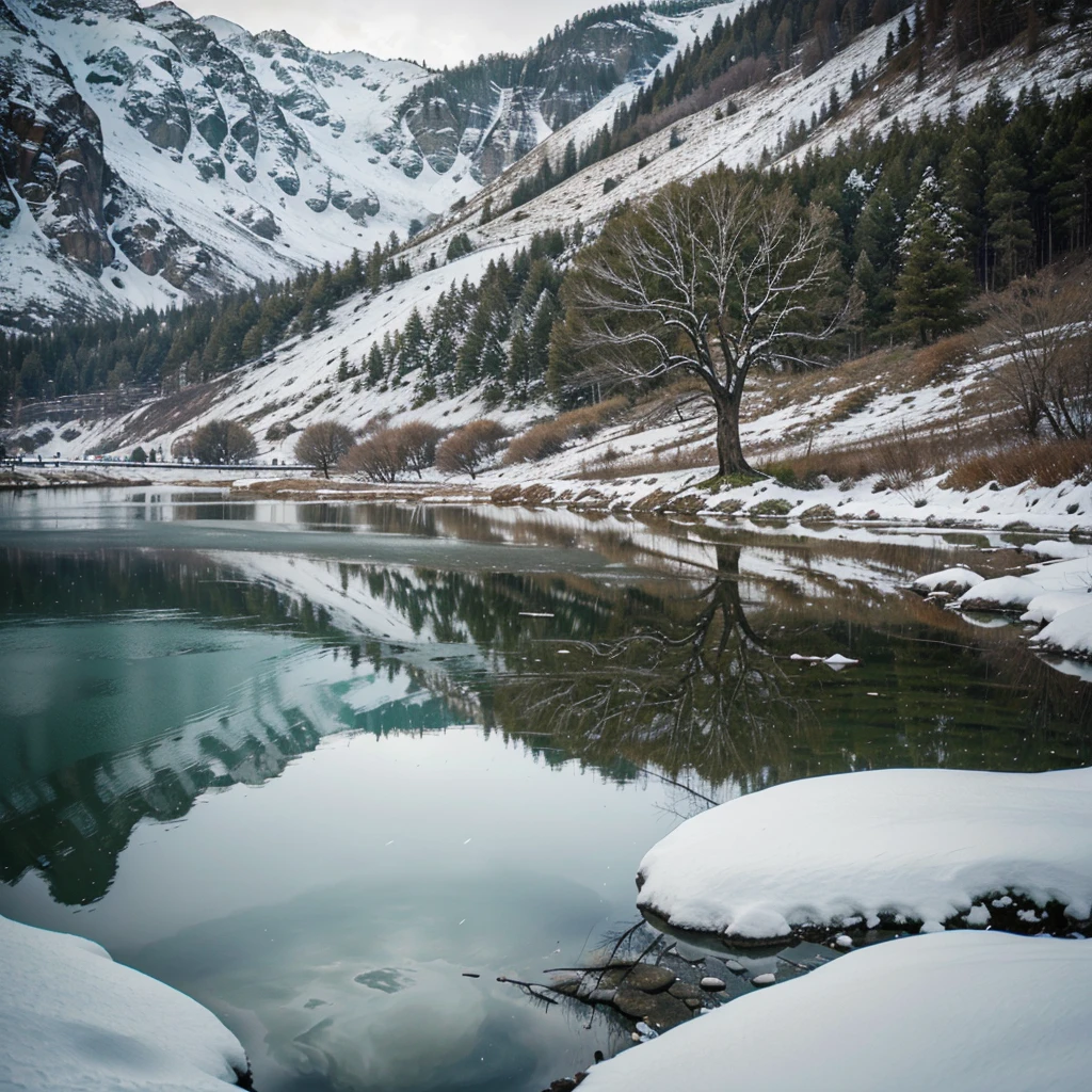 A lone green tree on a snowy hill, reflection