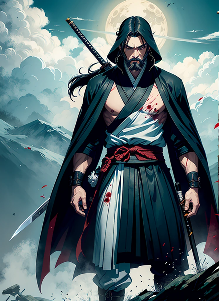 Isshin, the Sword Saint is a legendary warrior and the founder of the Ashina Clan. He is an old man with white hair and beard, wearing a blue kimono with black patterns and a white cloak. He carries a katana and a spear. He also has a gun hidden in his sleeve.
He awaits Sekiro in the great grass field where he first fought Genichiro Ashina, his grandson. The field is covered with blood and corpses of soldiers who died in the battle. The sky is dark and stormy, and lightning flashes occasionally. Isshin emerges from Genichiro’s body after he sacrifices himself to revive him using the Black Mortal Blade. He respects Sekiro as a worthy opponent and challenges him to a final duel for the fate of Ashina.
moon, dark theme, light, fantasy,