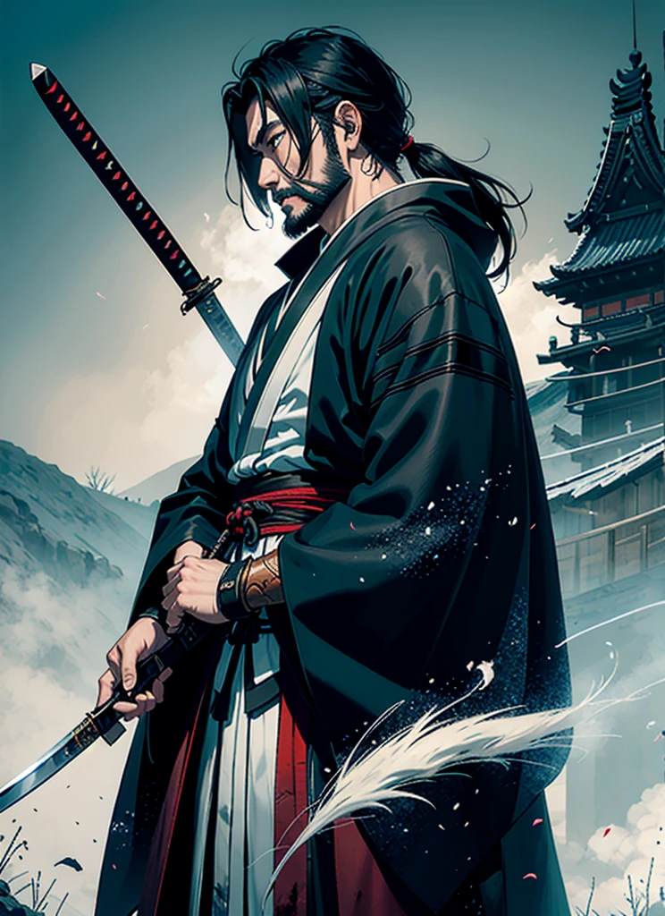 Isshin, the Sword Saint is a legendary warrior and the founder of the Ashina Clan. He is an old man with white hair and beard, wearing a blue kimono with black patterns and a white cloak. He carries a katana and a spear. He also has a gun hidden in his sleeve.

He awaits Sekiro in the great grass field where he first fought Genichiro Ashina, his grandson. The field is covered with blood and corpses of soldiers who died in the battle. The sky is dark and stormy, and lightning flashes occasionally. Isshin emerges from Genichiro’s body after he sacrifices himself to revive him using the Black Mortal Blade. He respects Sekiro as a worthy opponent and challenges him to a final duel for the fate of Ashina.
moon, dark theme, light, fantasy,