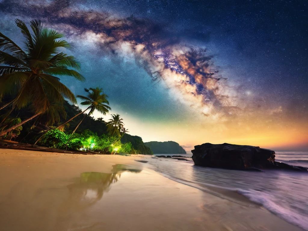 (masterpiece:1.2,Highest quality),Tropical Beach,night,Shooting with a wide-angle prime lens,Starry Sky,milky way,8k resolution