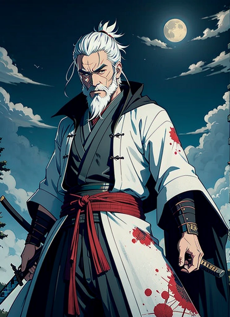 Isshin, the Sword Saint is a legendary warrior and the founder of the Ashina Clan. He is an old man with white hair and beard, wearing a blue kimono with black patterns and a white cloak. He carries a katana and a spear. He also has a gun hidden in his sleeve.

He awaits Sekiro in the great grass field where he first fought Genichiro Ashina, his grandson. The field is covered with blood and corpses of soldiers who died in the battle. The sky is dark and stormy, and lightning flashes occasionally. Isshin emerges from Genichiro’s body after he sacrifices himself to revive him using the Black Mortal Blade. He respects Sekiro as a worthy opponent and challenges him to a final duel for the fate of Ashina.
moon, dark theme, light, fantasy,