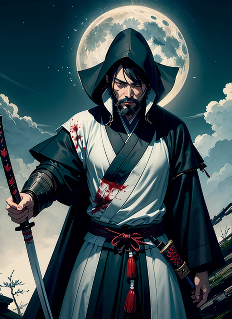 Isshin, the Sword Saint is a legendary warrior and the founder of the Ashina Clan. He is an old man with white hair and beard, wearing a blue kimono with black patterns and a white cloak. He carries a katana and a spear. He also has a gun hidden in his sleeve.

He awaits Sekiro in the great grass field where he first fought Genichiro Ashina, his grandson. The field is covered with blood and corpses of soldiers who died in the battle. The sky is dark and stormy, and lightning flashes occasionally. Isshin emerges from Genichiro’s body after he sacrifices himself to revive him using the Black Mortal Blade. He respects Sekiro as a worthy opponent and challenges him to a final duel for the fate of Ashina.
moon, dark theme, light, fantasy,