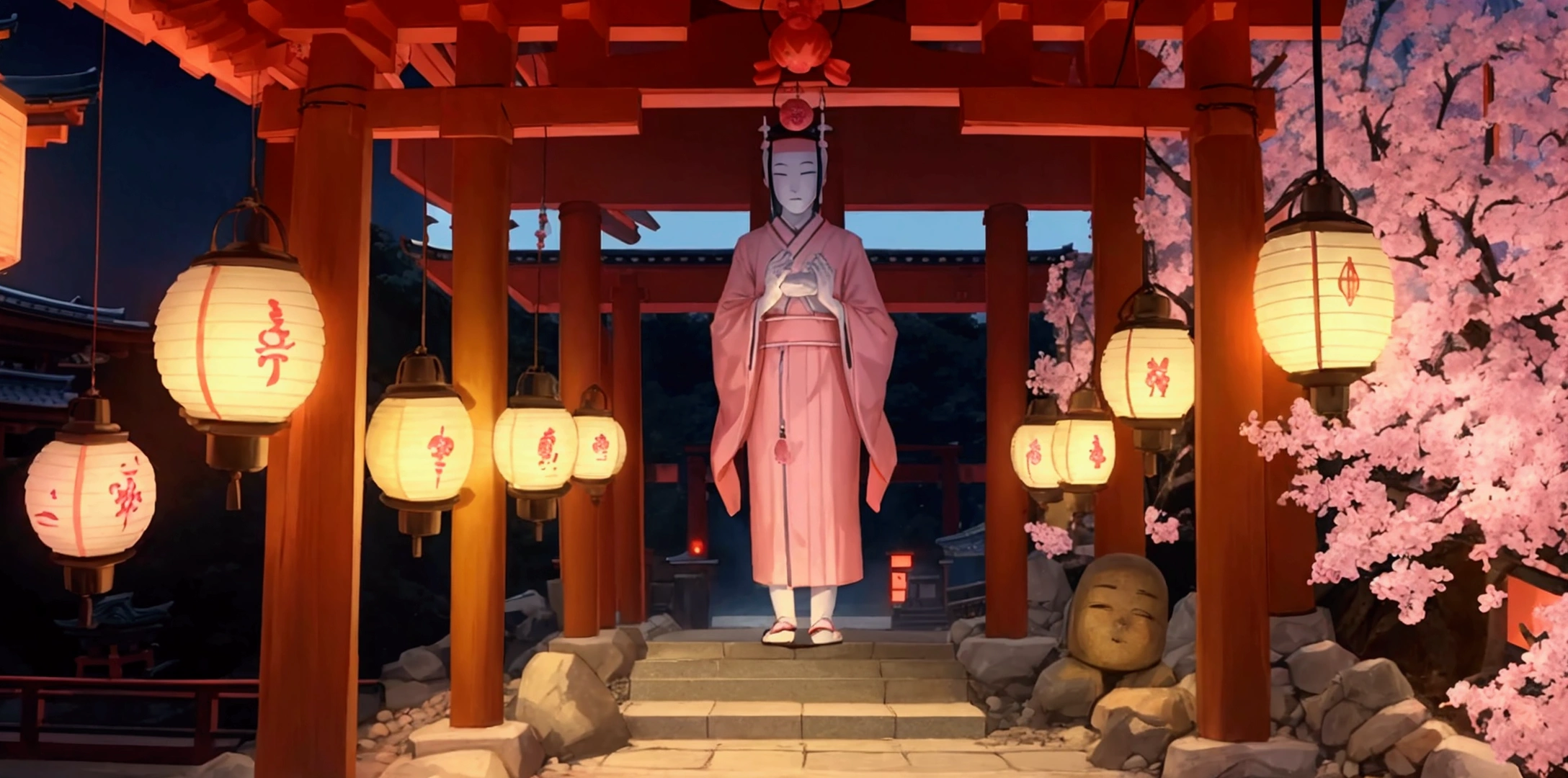 Japan、Jizo enshrined in a tower、Decorative pink lanterns