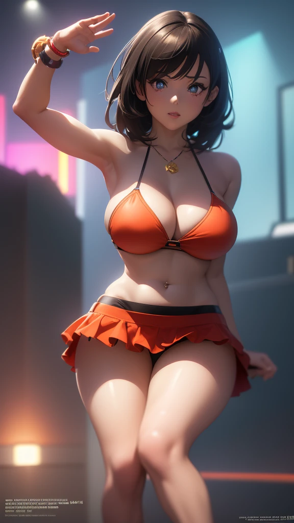 a photorealistic anime girl, Bikini And Short skirt, extremely detailed facial features, big breasts, thick thighs, dynamic pose, dramatic lighting, cinematic composition, vibrant colors, sci-fi background, (best quality,4k,8k,highres,masterpiece:1.2),ultra-detailed,(realistic,photorealistic,photo-realistic:1.37) Ouro Kronii