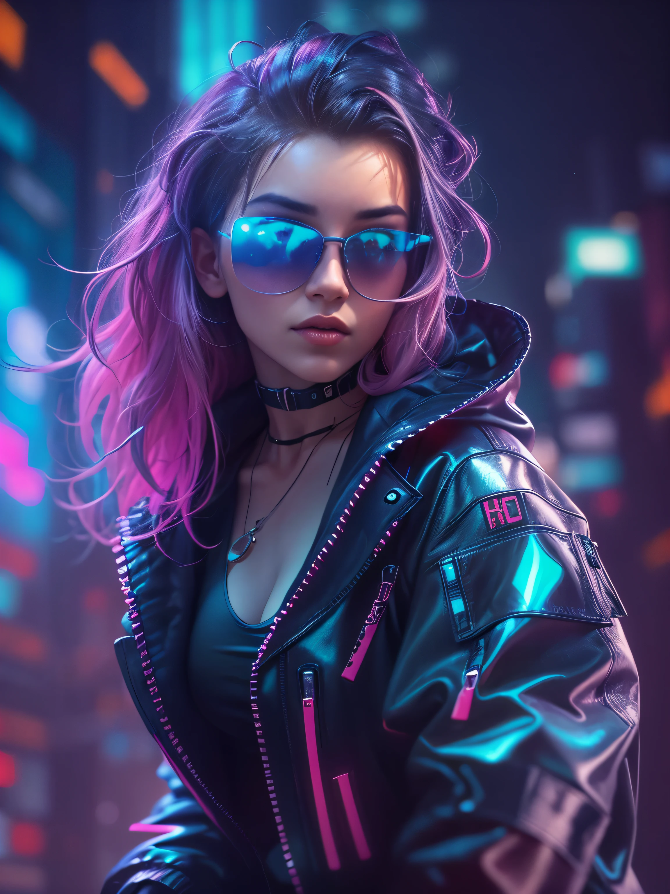 photorealistic, high resolution, 1 beautiful female, wearing hi-tech sunglasses with holographic display, cyberpunk hairstyle, futuristic cyberpunk fashion, dynamic pose, background cyberpunk nightlife, dramatic, chromatic aberration. 