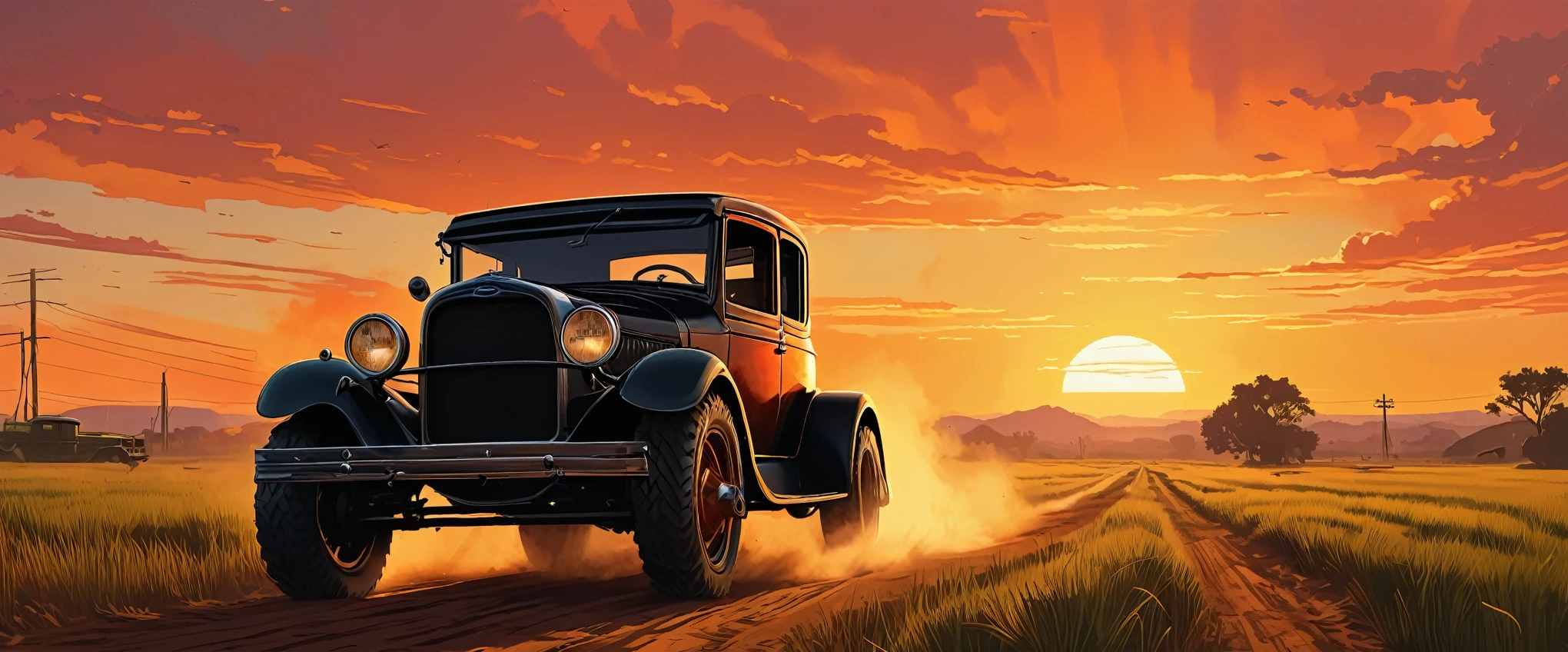 stylized digital art featuring a black Ford T driving down a dusty dirt road through a field during sunset. The sky is painted in warm shades of orange, yellow and red, with the sun low on the horizon. The car is portrayed from the corner, with its shiny black bodywork. Its wheels are classic, with a white stripe, rubberized tire and shiny metal rim that reflects the light of the setting sun. The car's headlights are on. The field is filled with tall grass that sways in the wind. The grass is represented in shades of green and brown, with some lighter areas, which could be an artistic choice to emphasize the intensity of the scene. The overall art style is reminiscent of comic book art, with bold lines and a limited color palette that enhance the dramatic effect of the scene. Art by Dechko Uzunov, highly detailed vector art, Red Dead Redemption art style, at sunset, comic book art, digital Ford T, Martin Ansin, by Evan Charlton, sunset!, by Eddie Mendoza, sunset illustration sun, featured art, digital colorful illustration, (masterpiece), best quality