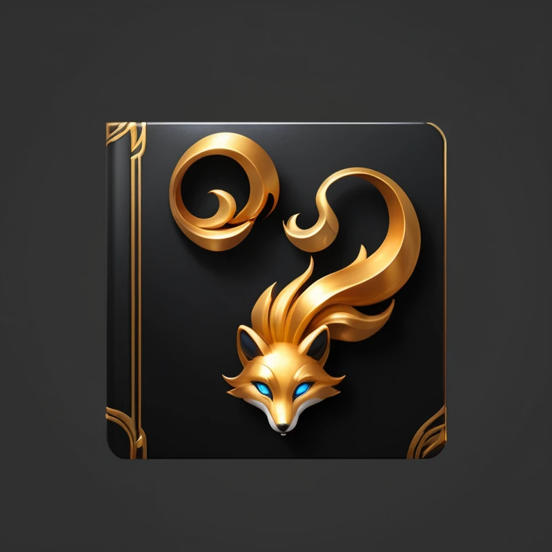 Close up of golden swirls on black background, League of Legends Inventory Items, stylized fox look, Game Icon Assets, Fantasy game spell icons, Fantasy game spell symbols,Ribbon,Ribbon
