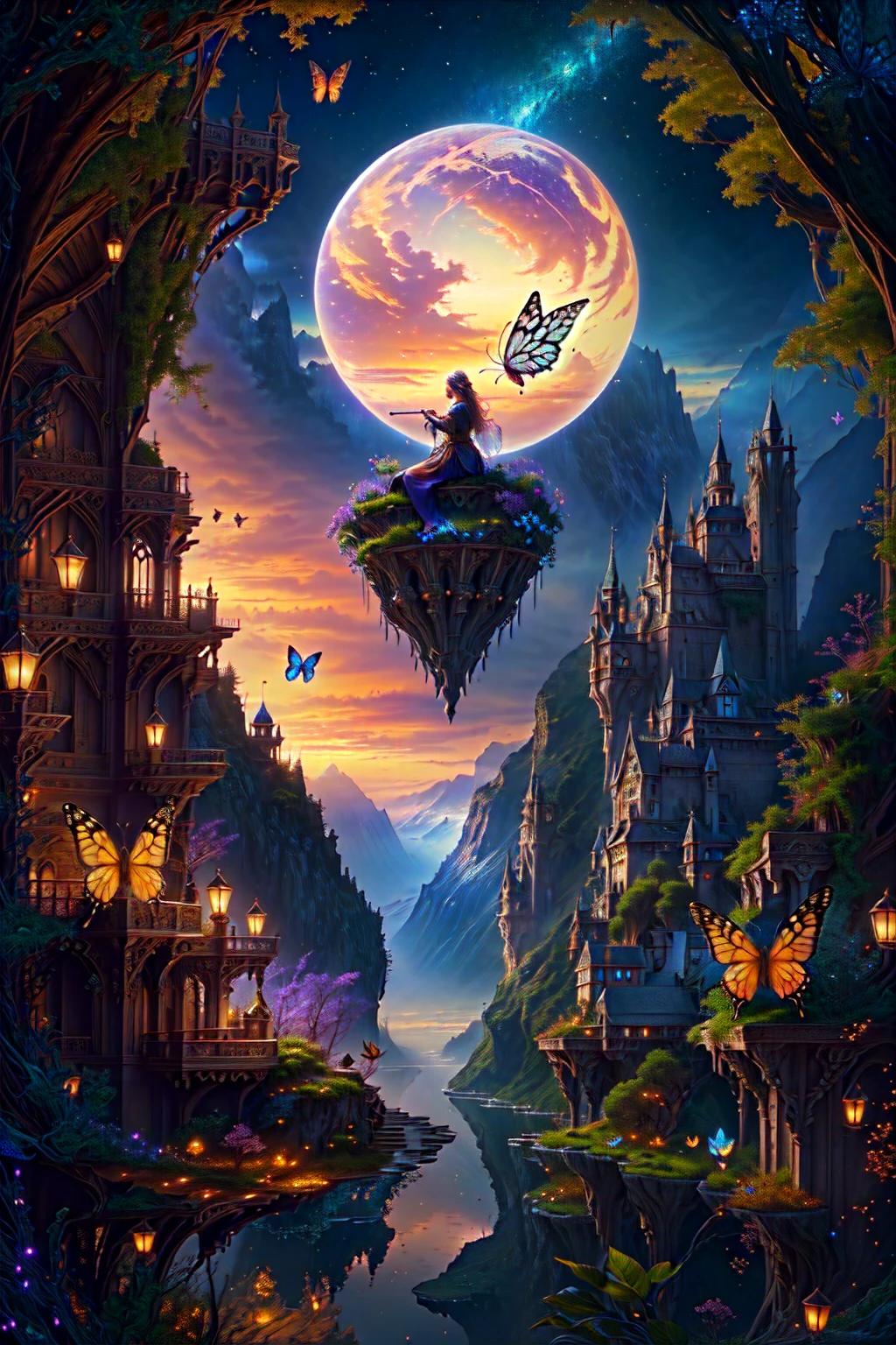 there is a woman sitting on a floating island with a butterfly, 4k highly detailed digital art, detailed fantasy digital art, beautiful detailed fantasy, 4k fantasy art, 4k detailed digital art, fantasy digital art, 8k fantasy art, fantasy highly detailed, beautiful fantasy art, 8k stunning artwork, digital art fantasy art, digital art fantasy, beautiful digital artwork