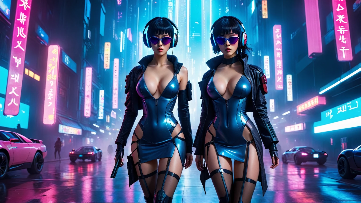 at night, A vast cyberpunk landscape set in Korea with flying cars and neon lights, in shades of pink, blue and red, in the style of Blade Runner and Ghost In The Shell. (((1girl, solo, alone))), large-breast:1.2 slim body, cleavage:1.1, sexy miniskirt, (((headphone, black sunglasses, standing and holding pistol pose))), (((half-body thigh level medium shot))), cinematic lighting, lens flare, ray tracing.